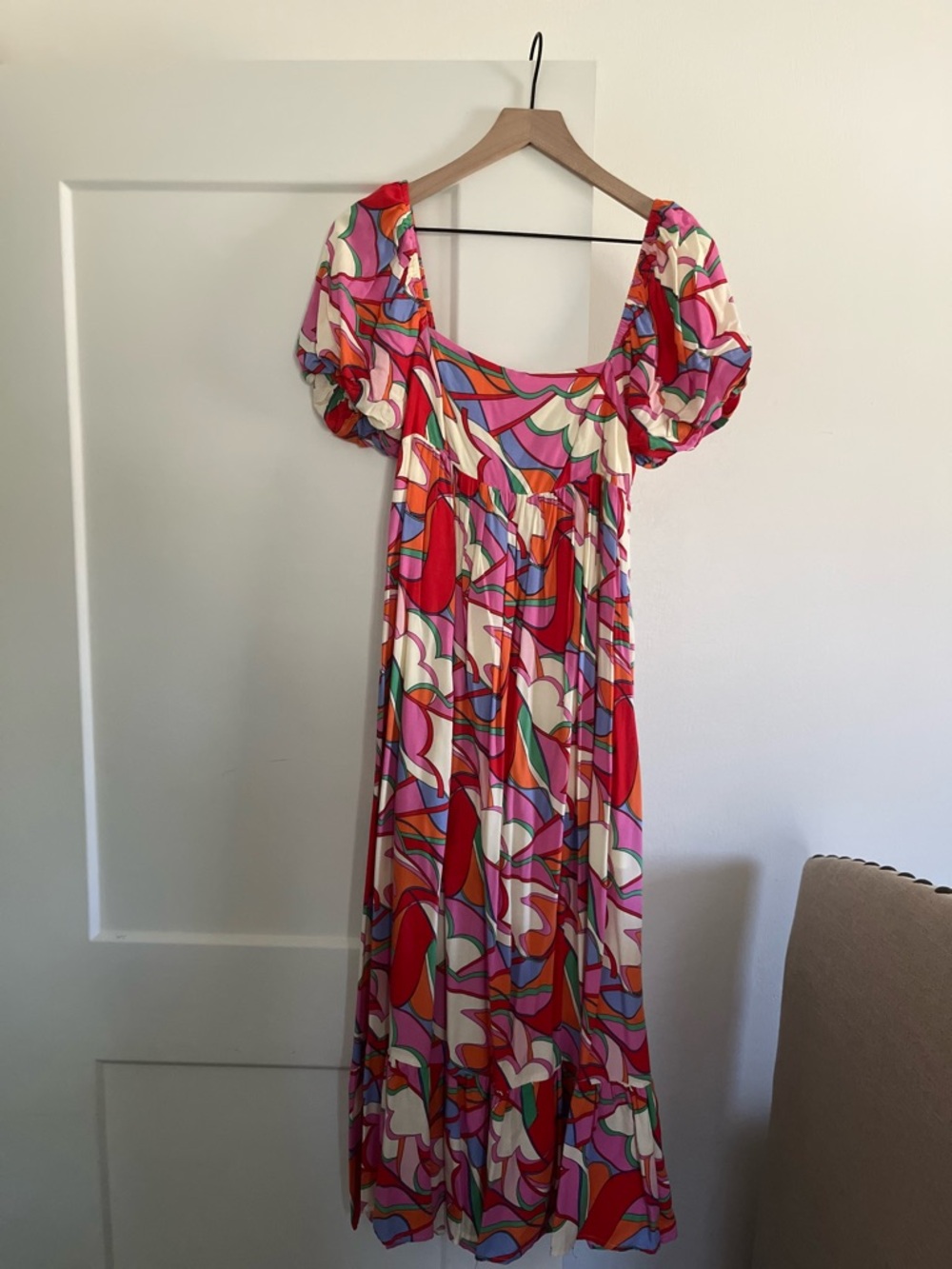 Doe & Rae Abstract Puff Sleeve Midi Dress Size L Retro Print